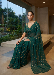 Dark Sea Green Saree in Faux Georgette with Heavy Sequins Embroidery + Silk Blouse 5