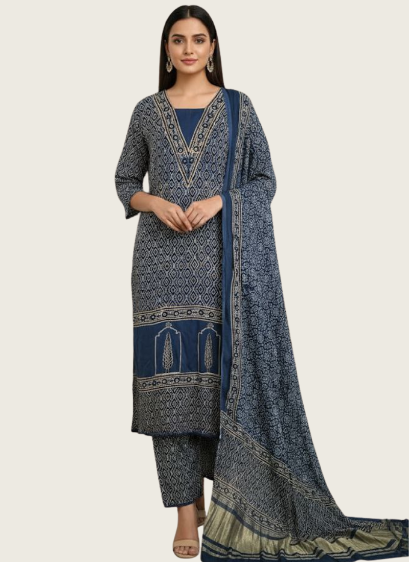 Pure Modal Ajrak Salwar Suit – Kari Border Dupatta