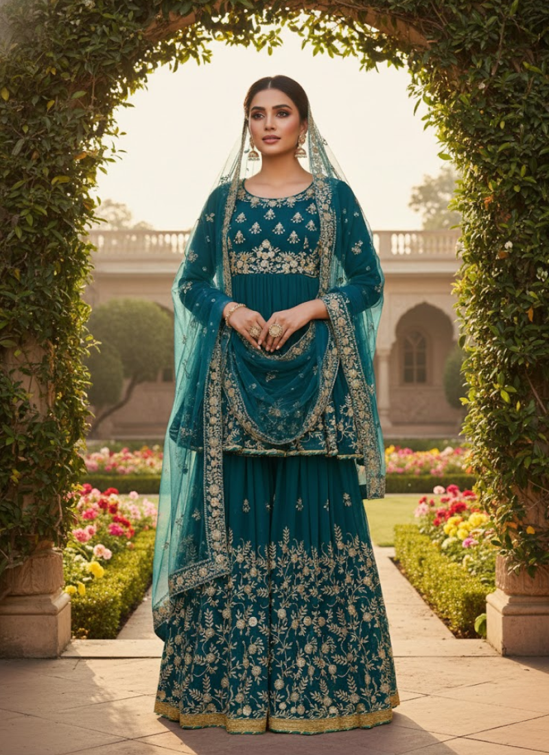 Sea Green Georgette Gharara with Embroidered Net Dupatta