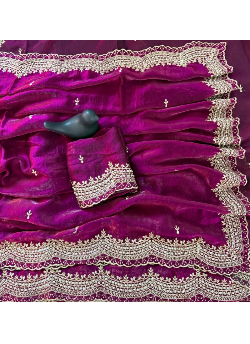 Fendy Satin Silk Saree – Gold Embroidery with Pearl Detailing & Matching Blouse