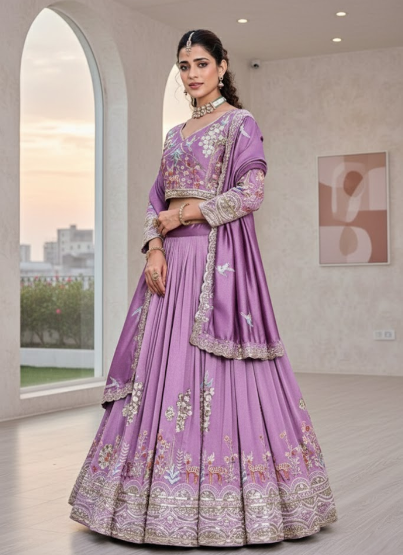 Pure Vichitra Embroidered Lehenga Choli Set