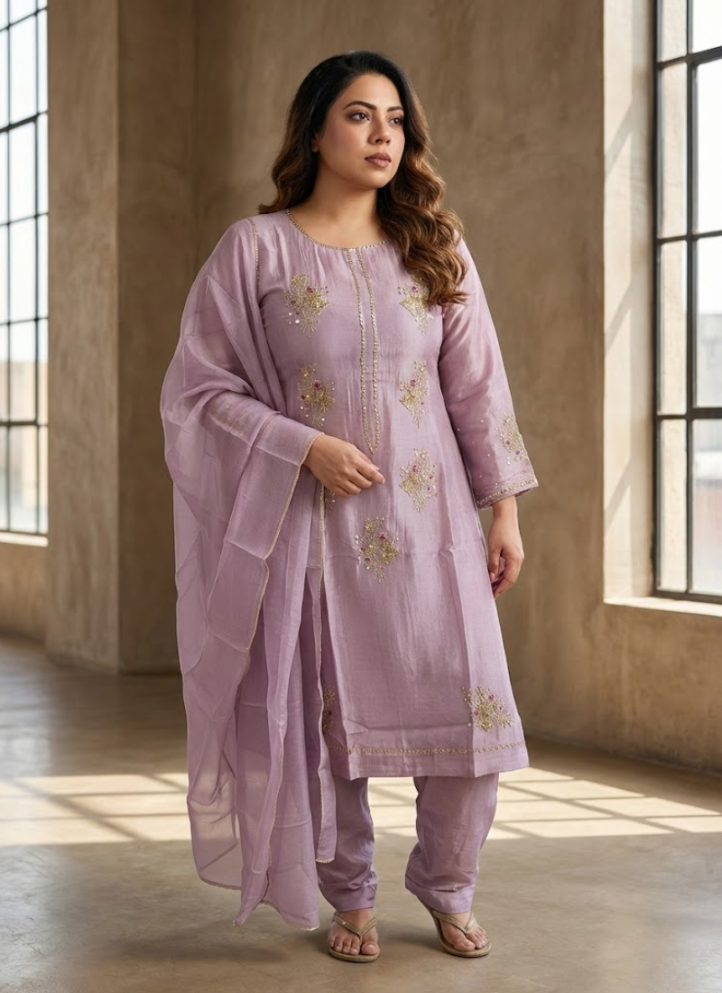 Statement light onion pink silk salwar kameez with hand embroidery, padded fit, and Pakistani size options.