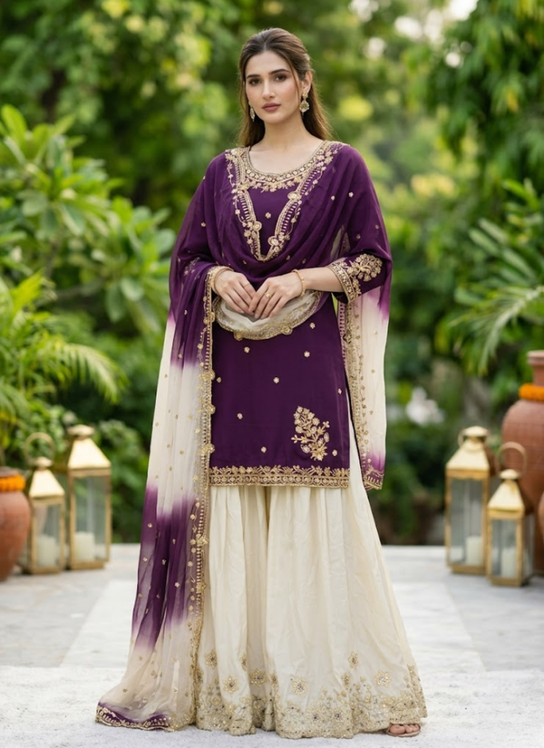 French Crepe Salwar Suit with Organza Dupatta
