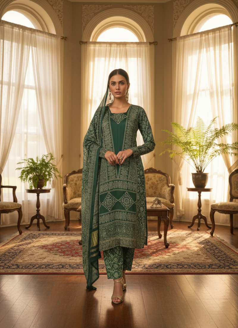 Green Ajrak Salwar Kameez – Pure Modal Fabric with Jari Border Dupatta