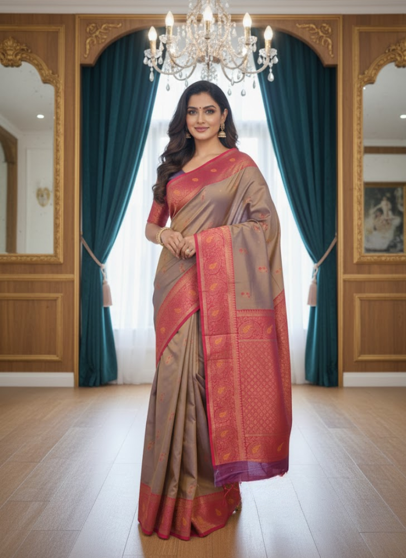 Bronze Gold Katan Silk Saree – Dual Tone