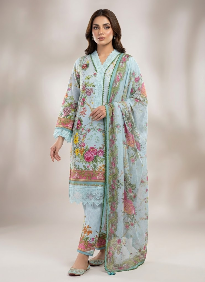 Women’s lawn cotton salwar kameez with chiffon dupatta, embroidered sleeves, and festive detailing.