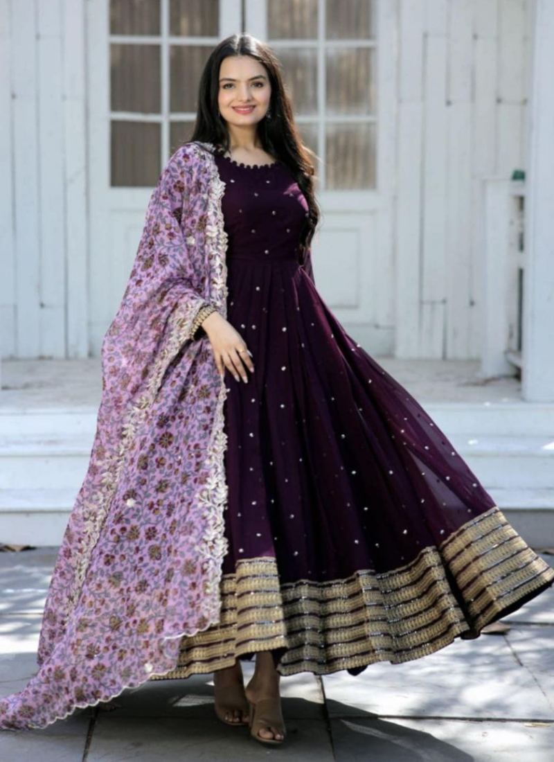 Purple Georgette Anarkali with Printed Dupatta