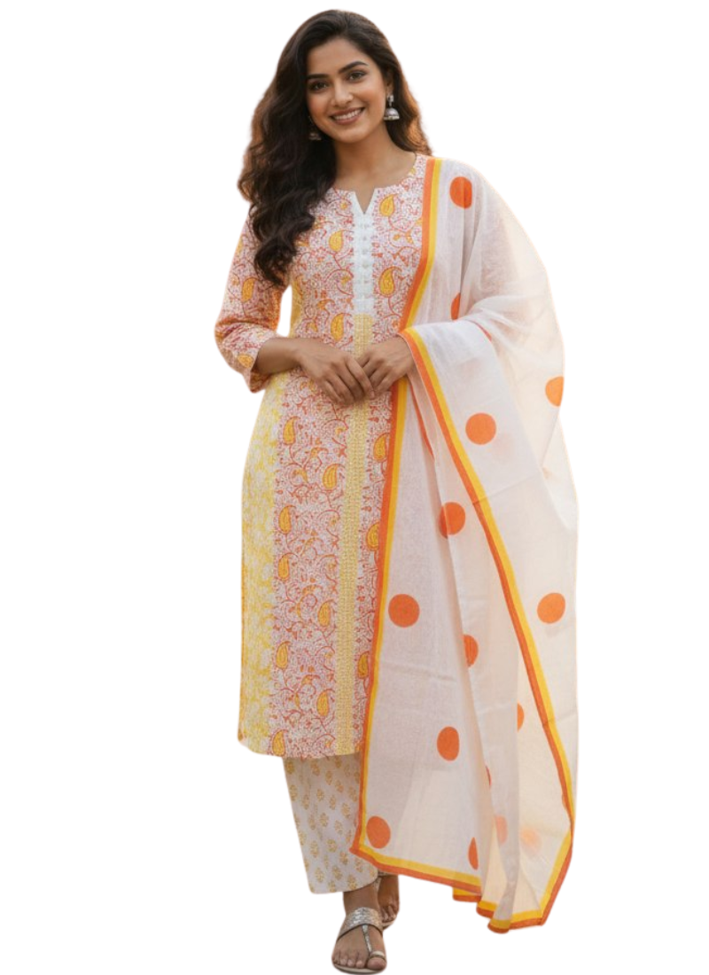 Cotton Block Printed Salwar Suit – White & Orange