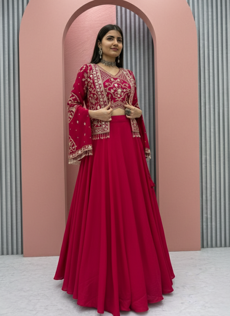 Chinon Lehenga Choli with Sequin Embroidered Jacket
