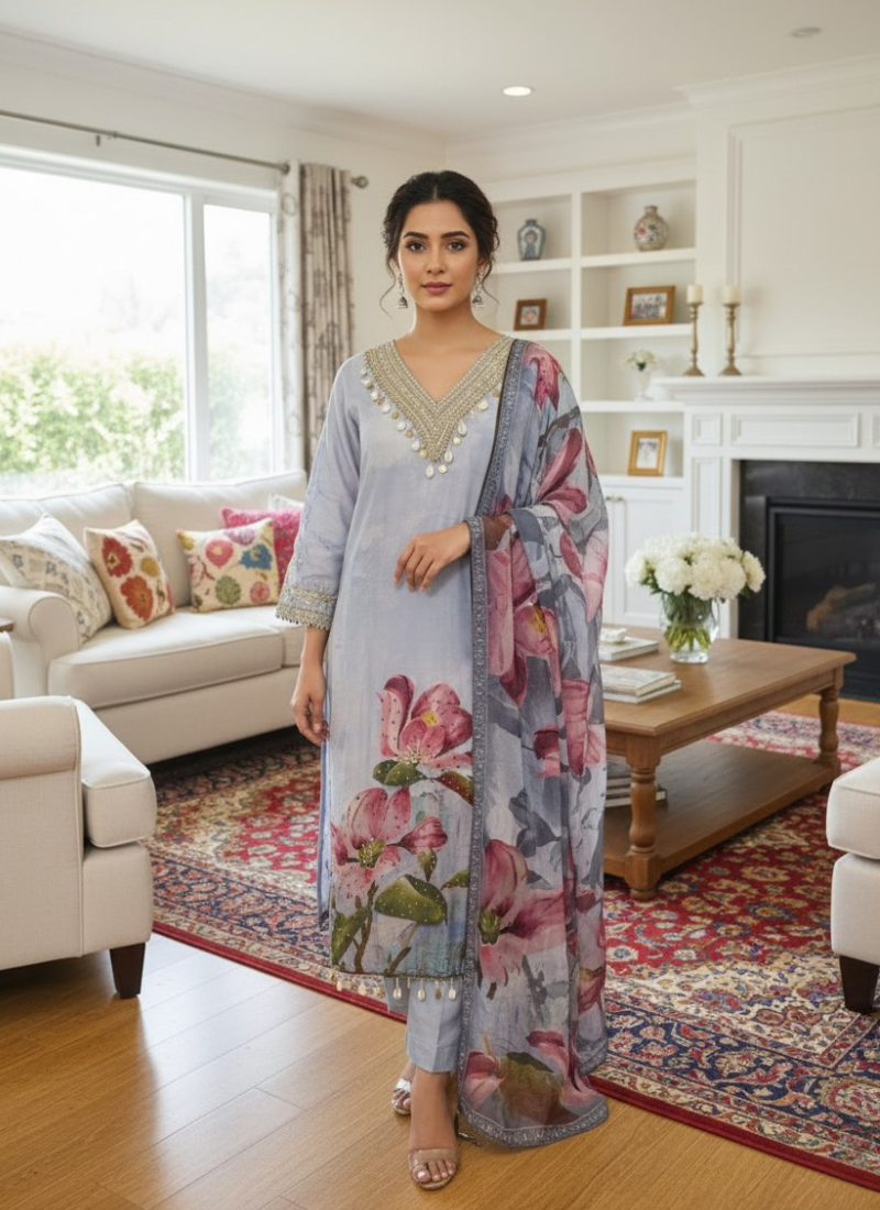 Light Purple Salwar Kameez with Embroidery & Printed Dupatta