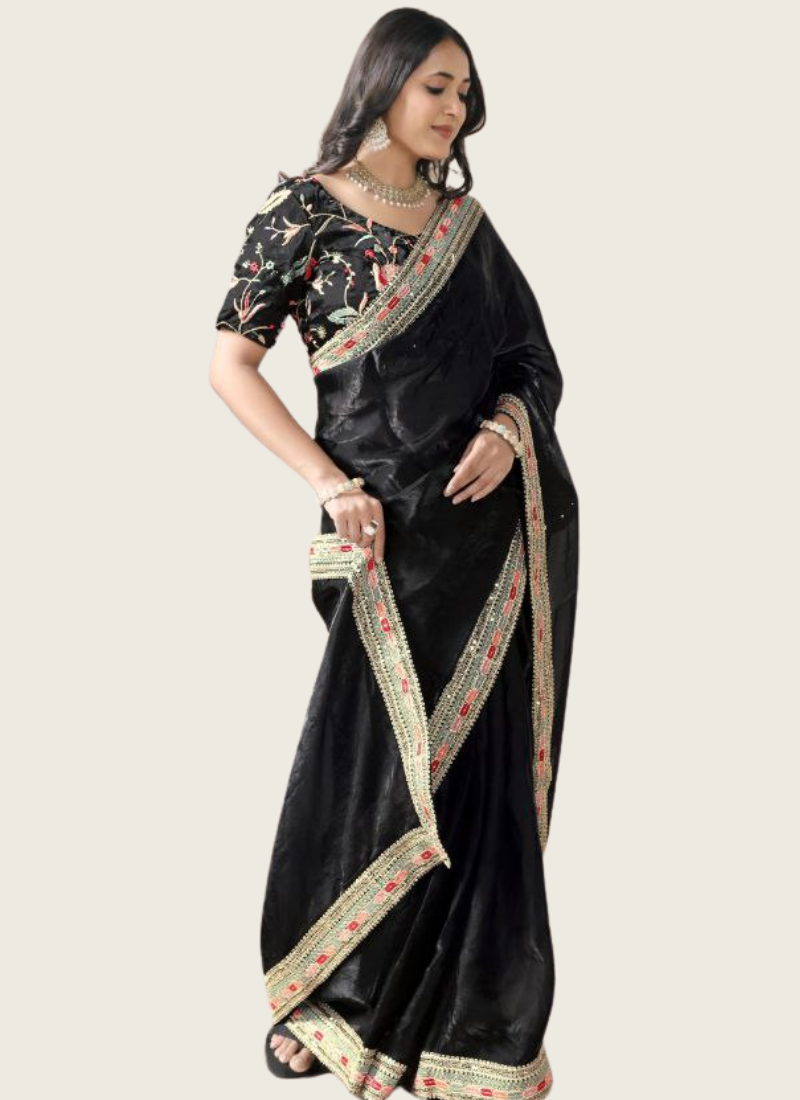 Space Silk Saree with Multicolour Thread & Sequins Embroidery + Blouse Fabric | Gleemiun fashion best online store 