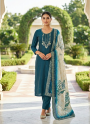 Morpich Roman Silk Punjabi Suit with Handwork & Lichi Silk Jacquard Dupatta 4