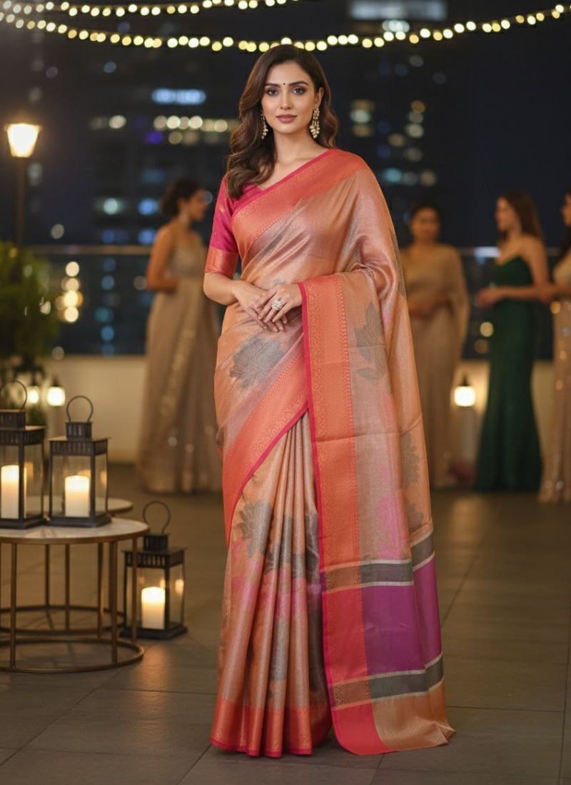Banarasi Organza Tissue Saree – Rose Gold