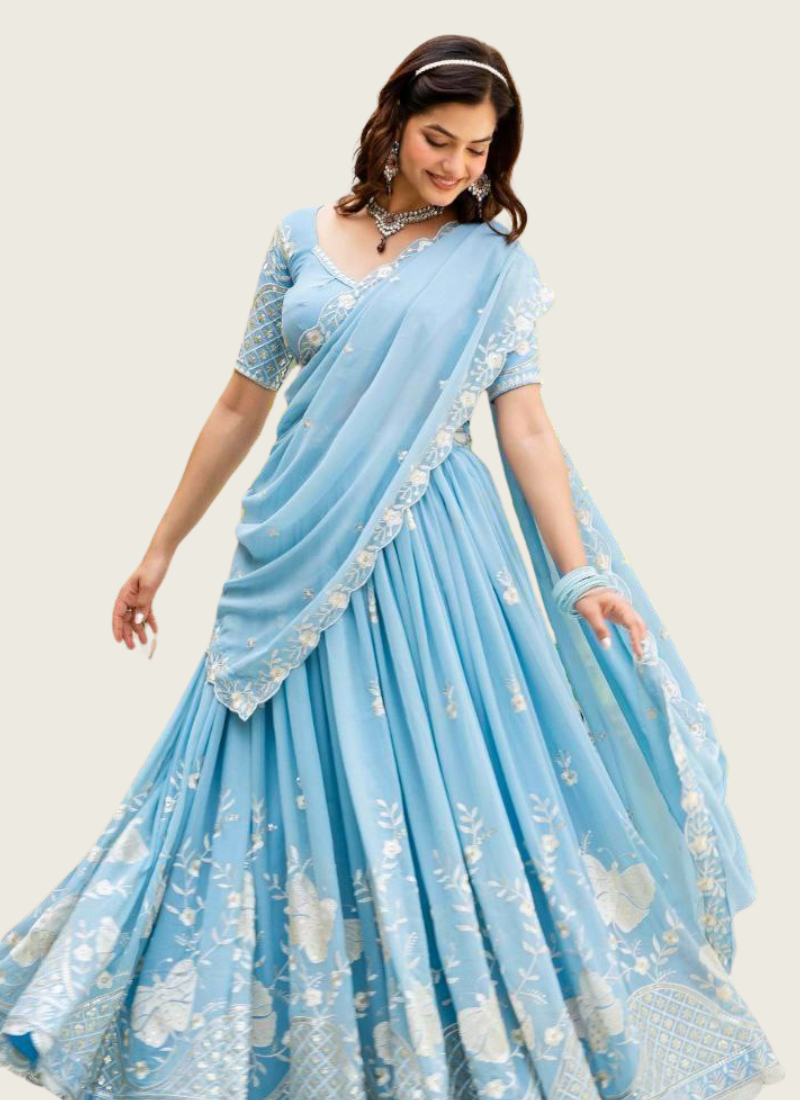 Faux Georgette Lehenga Choli with Multi Sequins Embroidery + Lace Dupatta