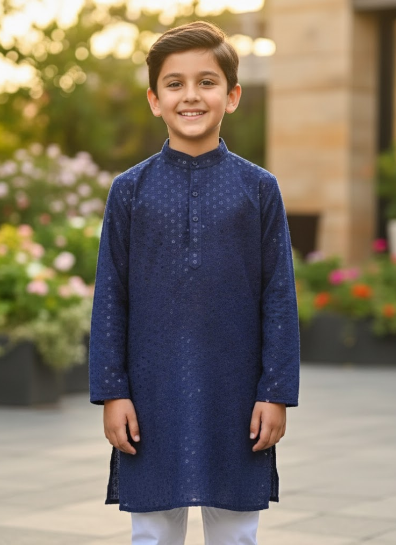 Navy Blue Kids Kurta Pajama – Festive Silk Kurta with Cotton Pyjama