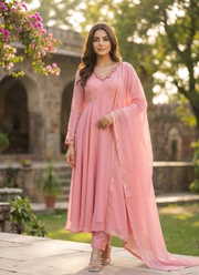 Fox Georgette Anarkali Suit with Handwork & Golden Lace Dupatta 3