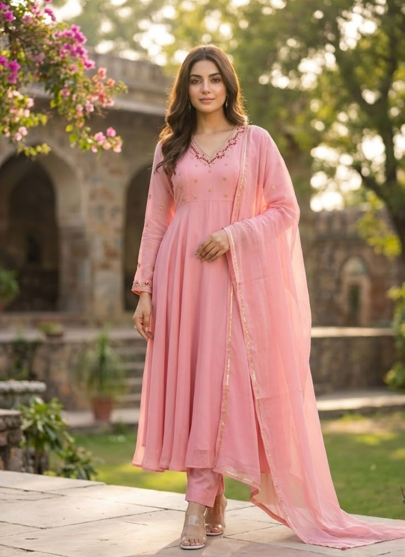 Fox Georgette Anarkali Suit with Handwork & Golden Lace Dupatta