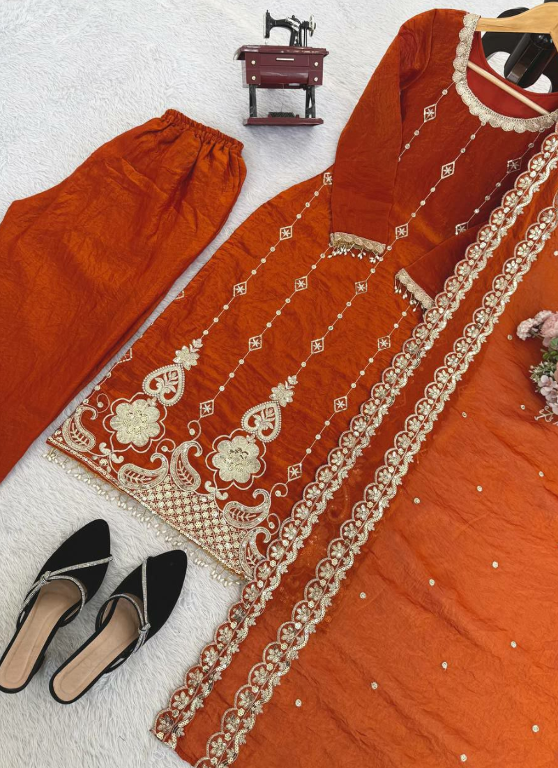 Punjabi Suit in Fendy Silk with Thread & Sequins Embroidery + Cutwork Dupatta