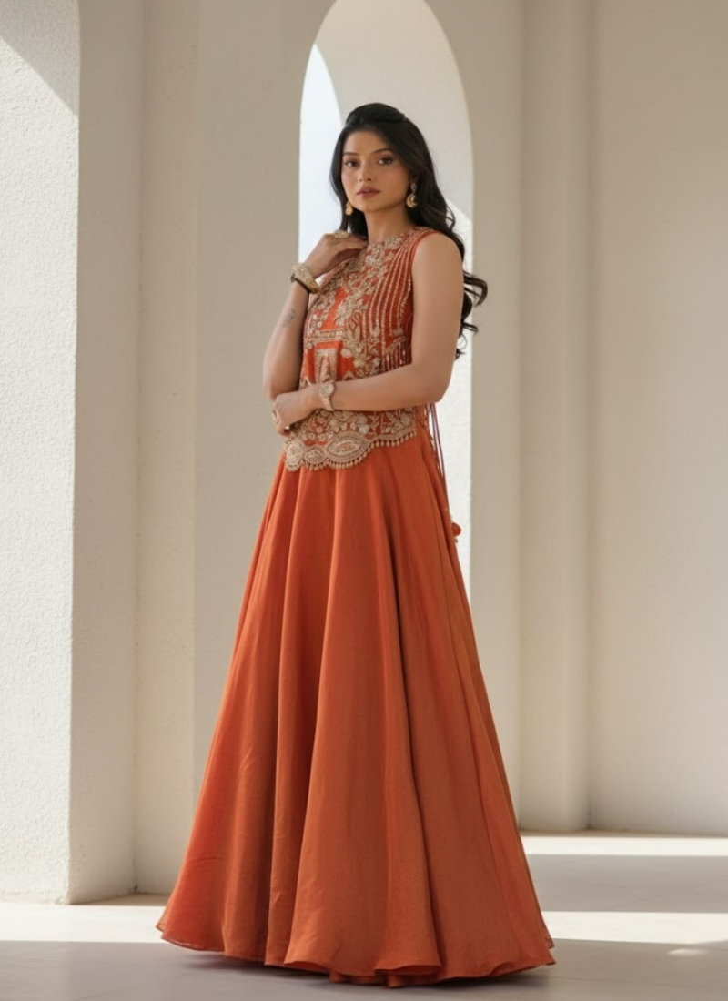 Vichitra Silk Lehenga Choli with Embroidered Shrug