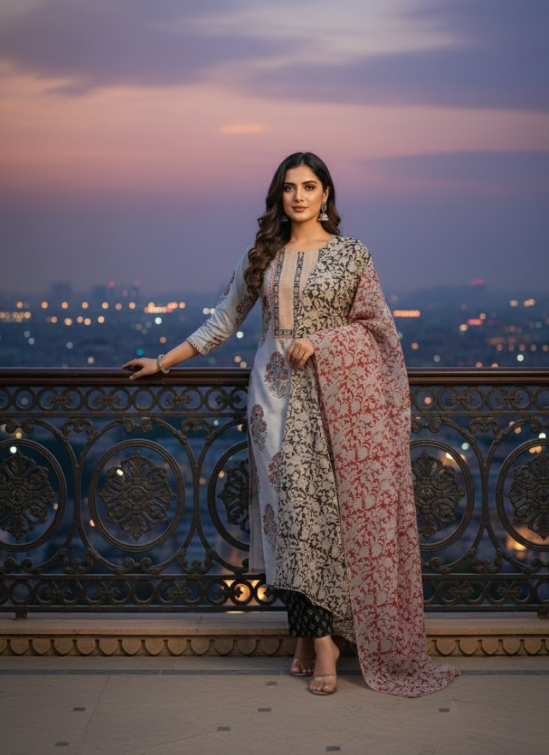 Cotton Block Printed Salwar Suit – Ash & Red