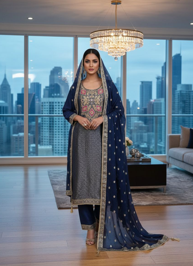 Jacquard Banarasi Salwar Suit – Hand Embroidery & Chiffon Dupatta