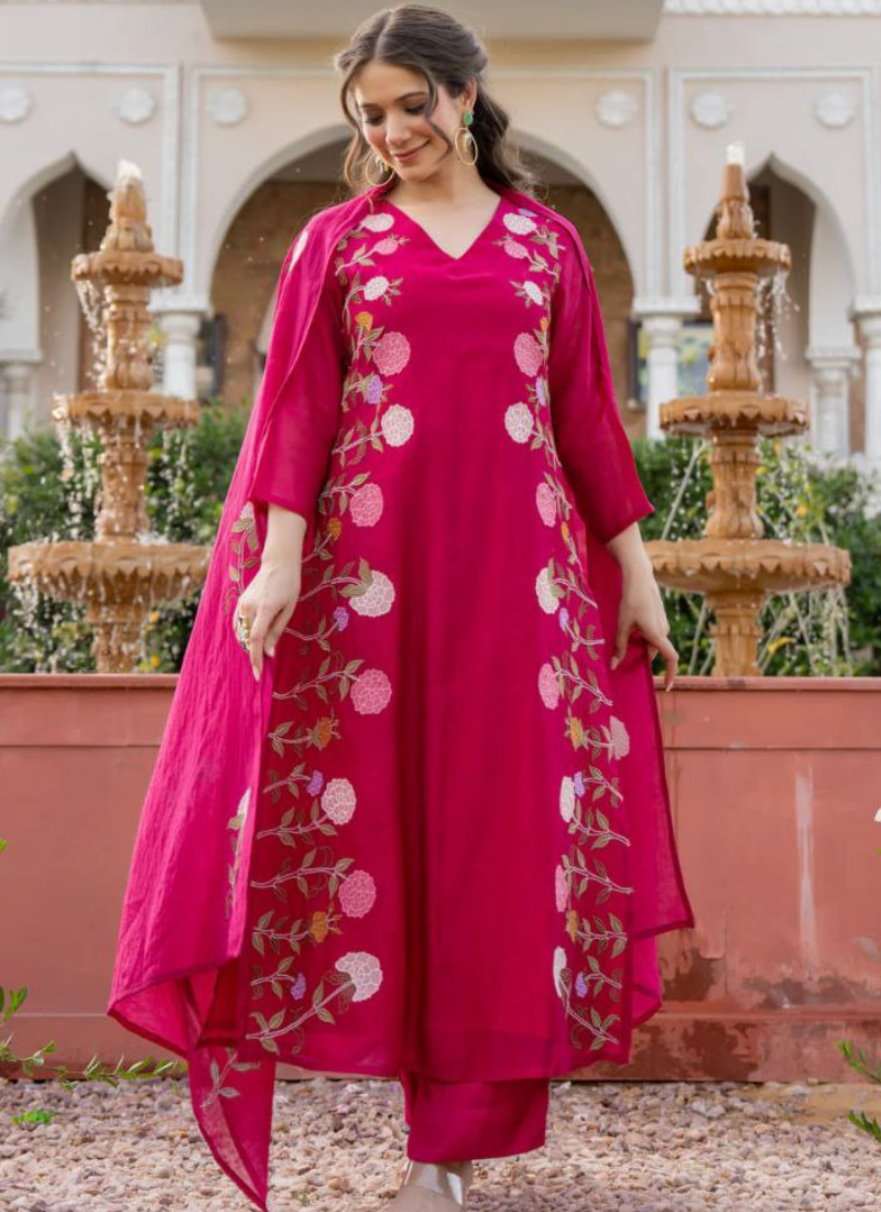 Luxury Chanderi Punjabi Suit with Heavy Embroidered Dupatta
