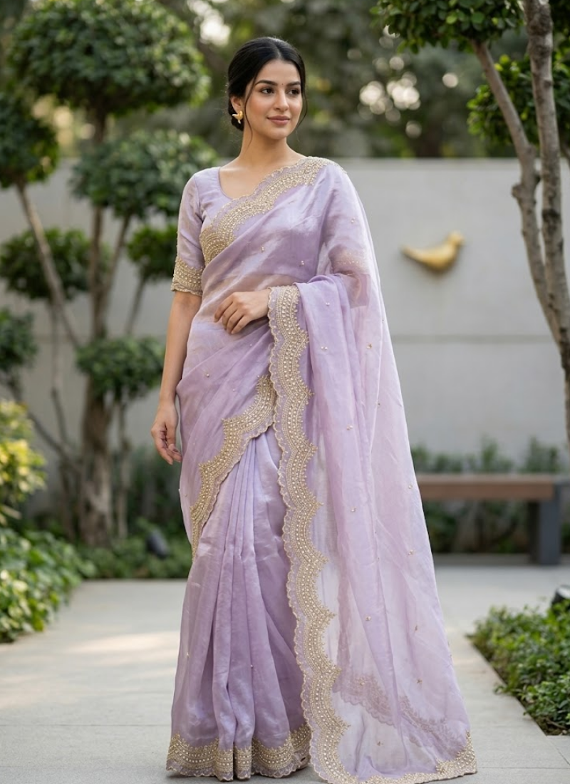 Fendy Satin Silk Saree – Gold Embroidery with Pearl Detailing & Matching Blouse, Indian party wear sarees Perth