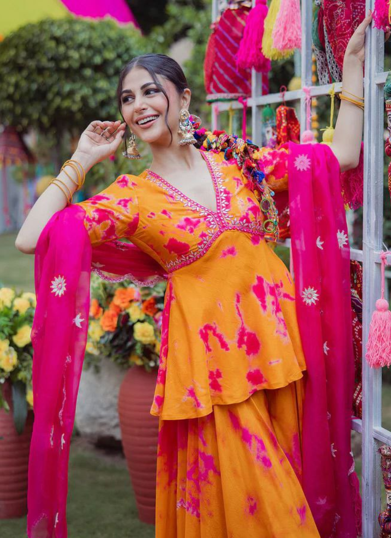 French Crepe Sharara Suit with Digital Print & Embroidered Neckline
