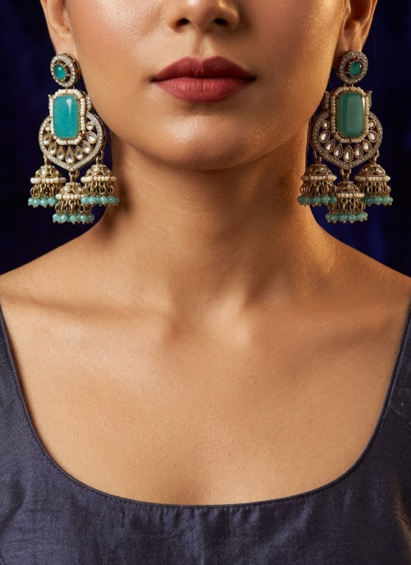 Sky Blue Kundan Earrings with Jhumki - View 5