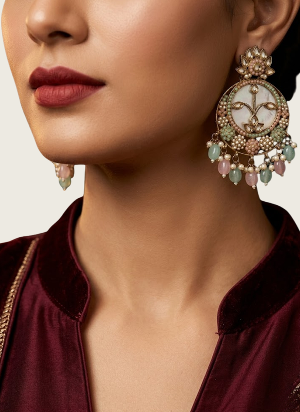 Sea Green &amp; Baby Pink Kundan Chandbali, luxury South Asian jewellery Perth boutique
