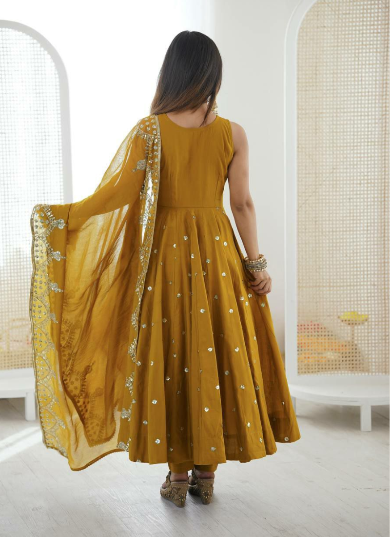 Anarkali Suit in Roman Silk with Sequins Embroidery + Chanderi Dupatta