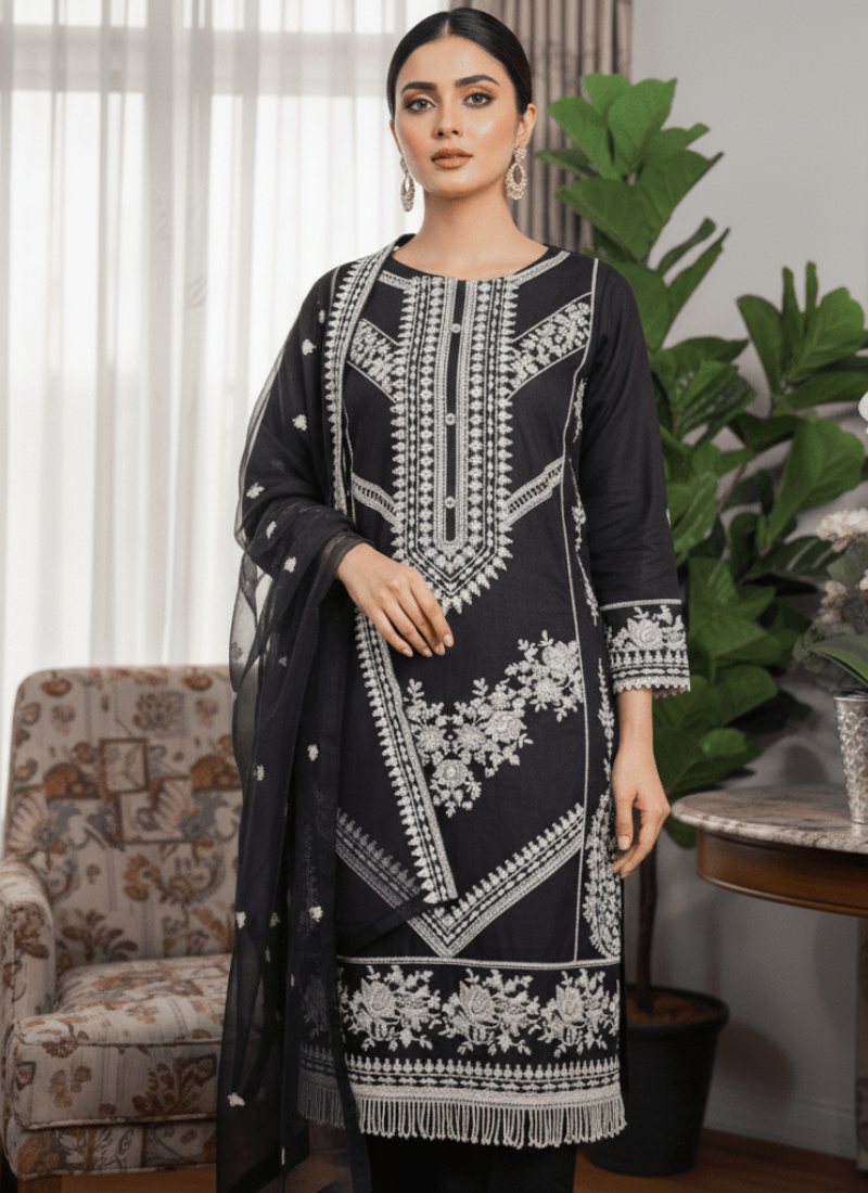 Black Pakistani Salwar Suit – Organza with Embroidery & Cotton Pajama
