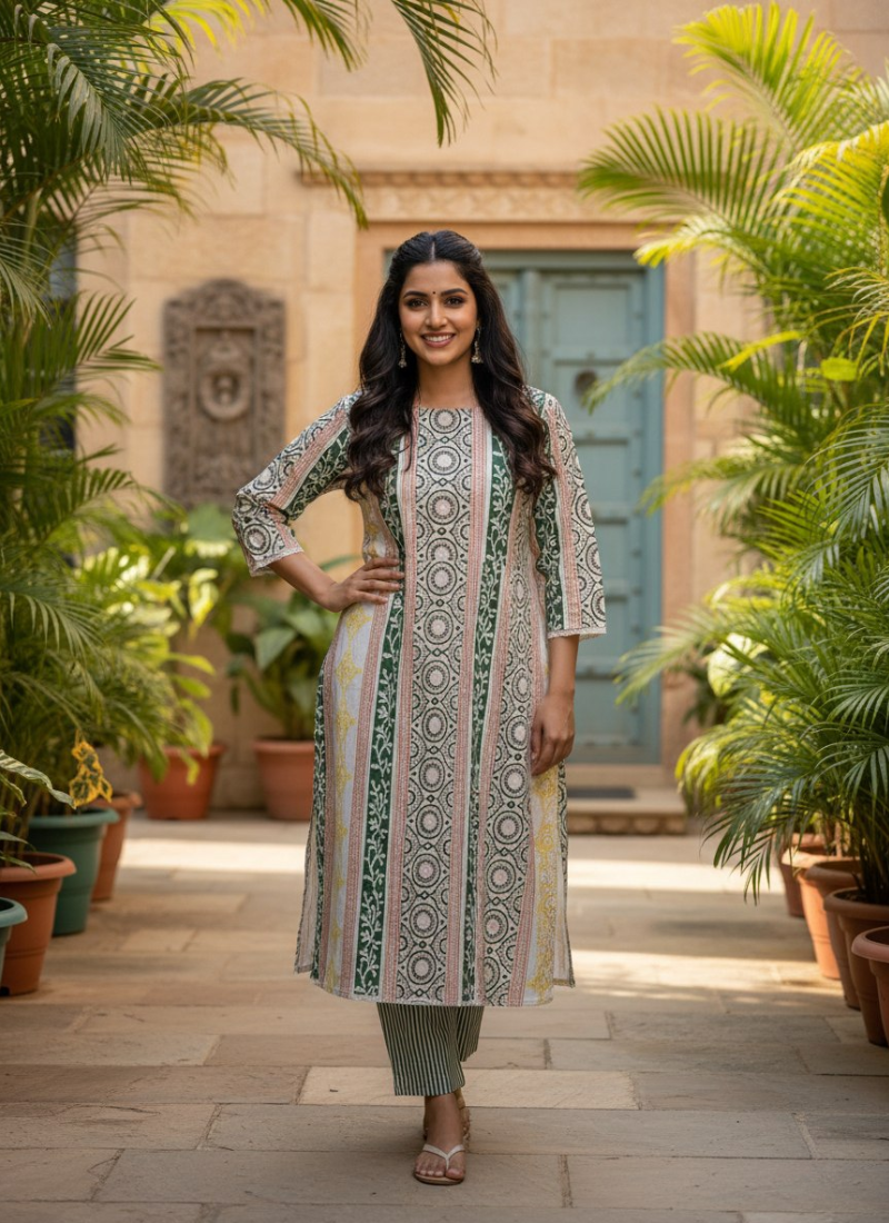 Cotton Block Printed Salwar Suit – White, Yellow & Green