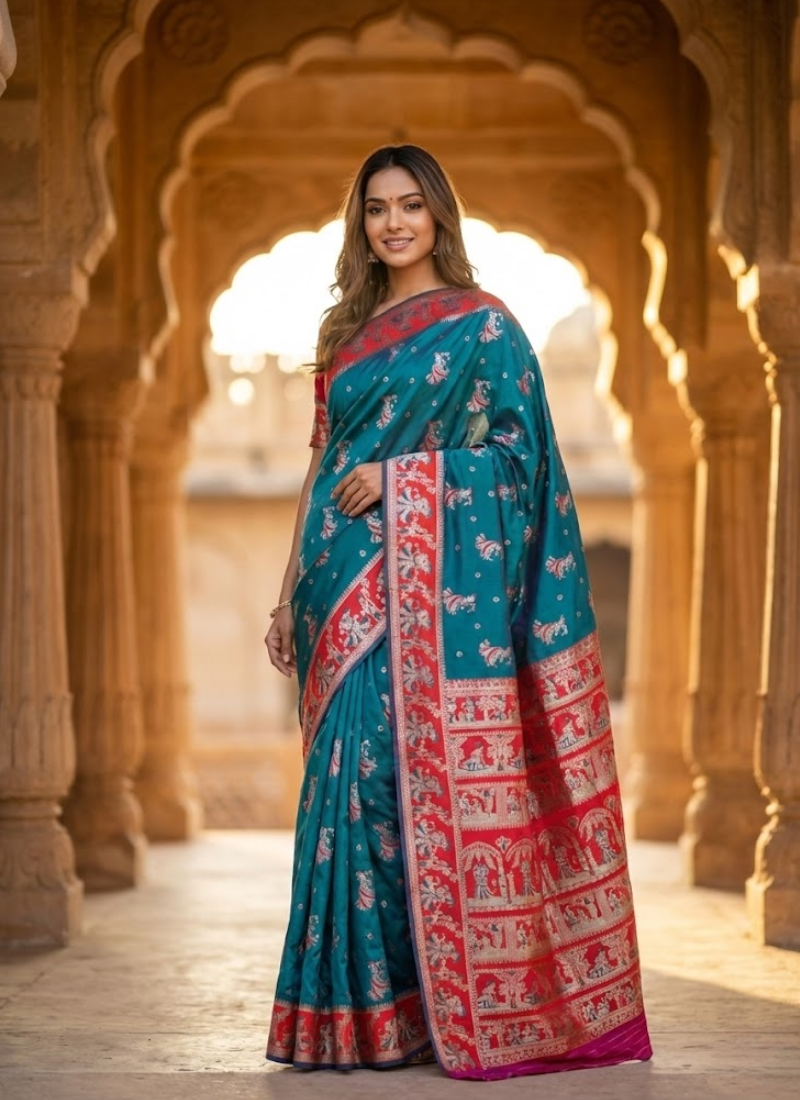 Sharnachura Silk Saree – Sea Green Zari with Blouse Piece