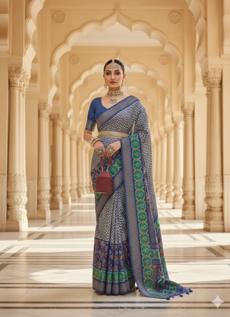 Blue-Green Patoka Saree – Silver Border & Elephant Pallu