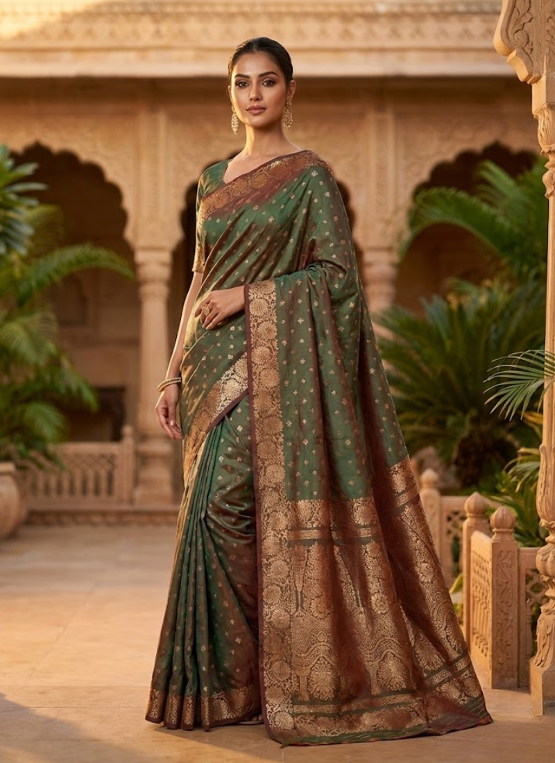 Green Katan Silk Saree with Zari and Blouse Piece