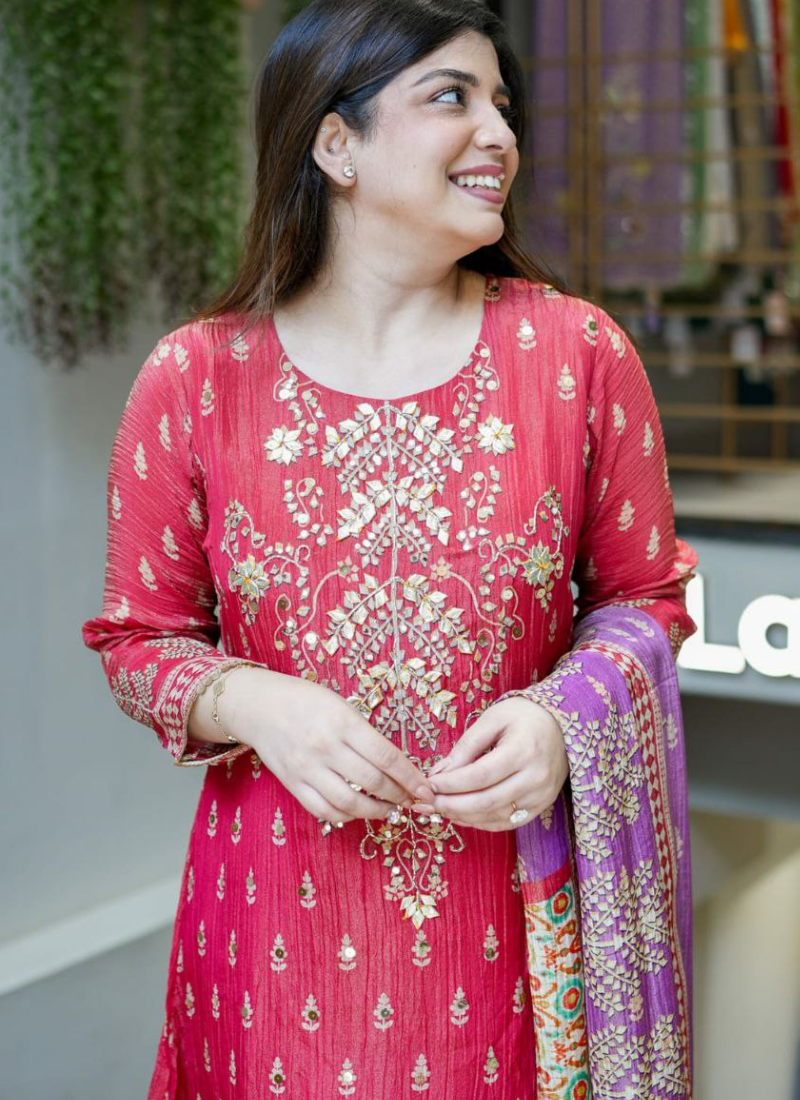 Handcrafted Punjabi Suit with Katha Embroidery & Mirror Work Dupatta
