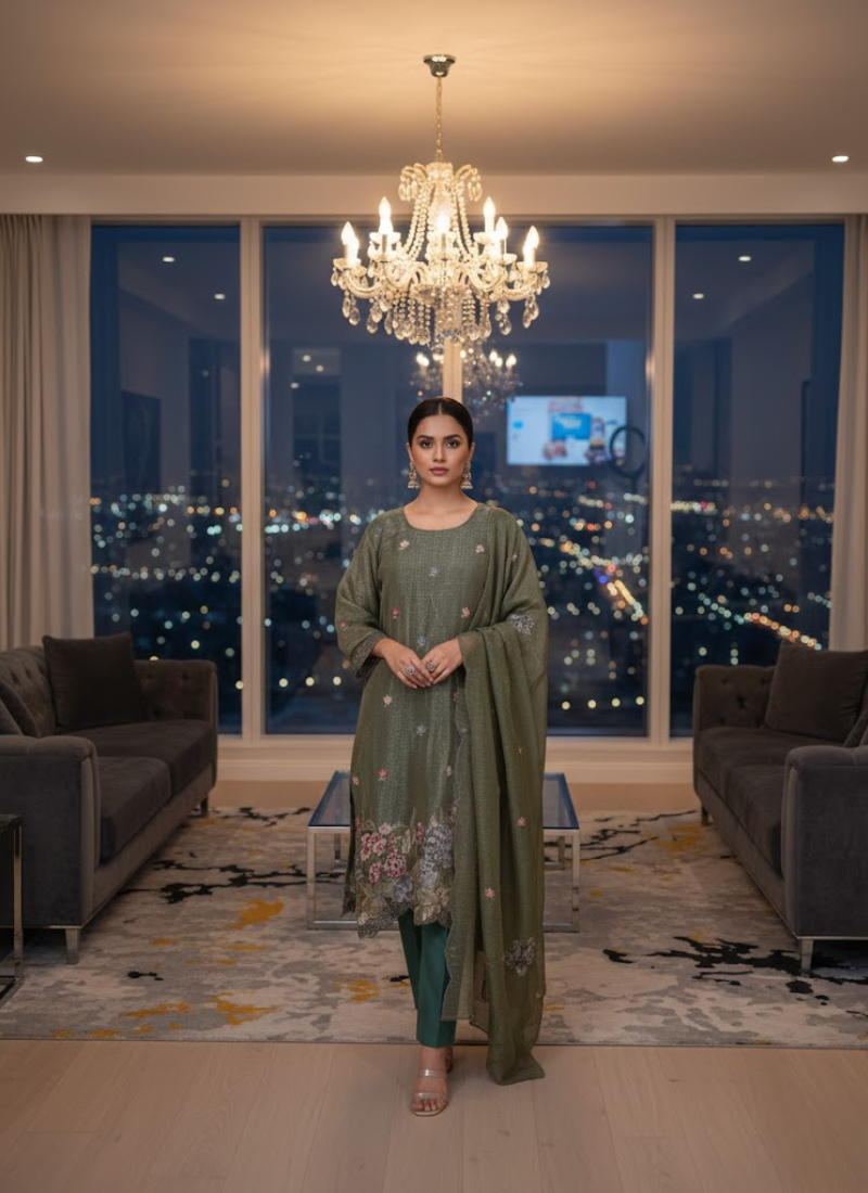 Crepe Silk Salwar Suit – Green with Floral Embroidery