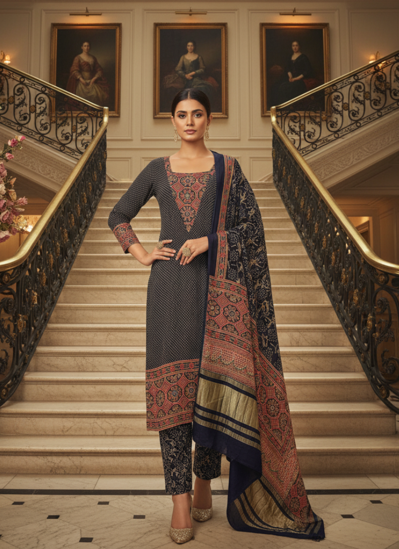 Pure Modal Ajrak Salwar Kameez Suit – Navy Blue with Dupatta