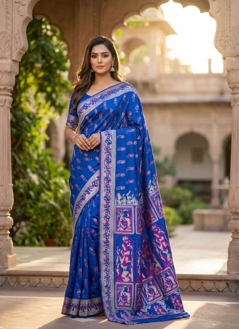 Royal Blue Sharnachura Silk Saree – Zari Work with Blouse Piece