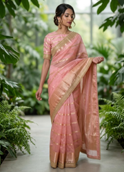 Pink Banarasi Organza Saree with Blouse Piece 1