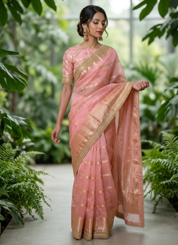 Pink Banarasi Organza Saree with Blouse Piece