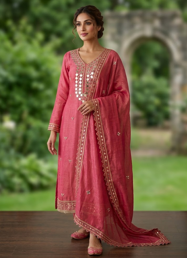 Pink Silk Salwar Suit with Mirror Work