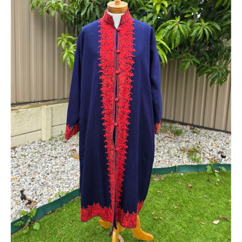 Navy Blue Kashmiri Long Coat for Women – Pashmina Wool With Embroidery