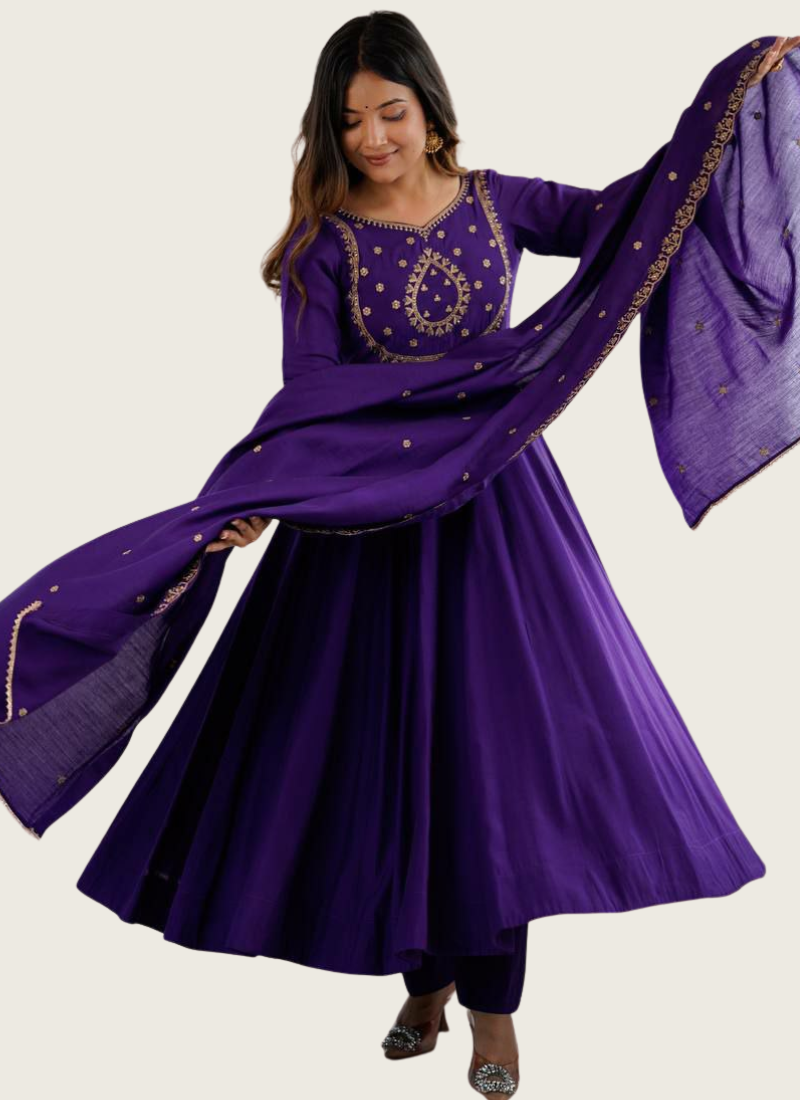 Anarkali Suit in Roman Chanderi Silk with Beads Handwork & Embroidered Dupatta | Gleemiumfahion