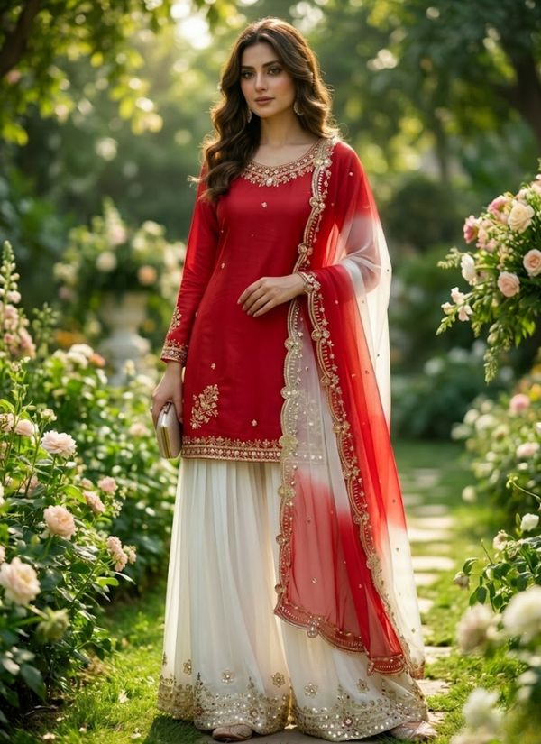 French Crepe Salwar Suit with Organza Dupatta