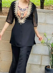 Black Organza Co‑Ord Set with Palazzo, Digital Print Blouse + Mirror Work Top 5