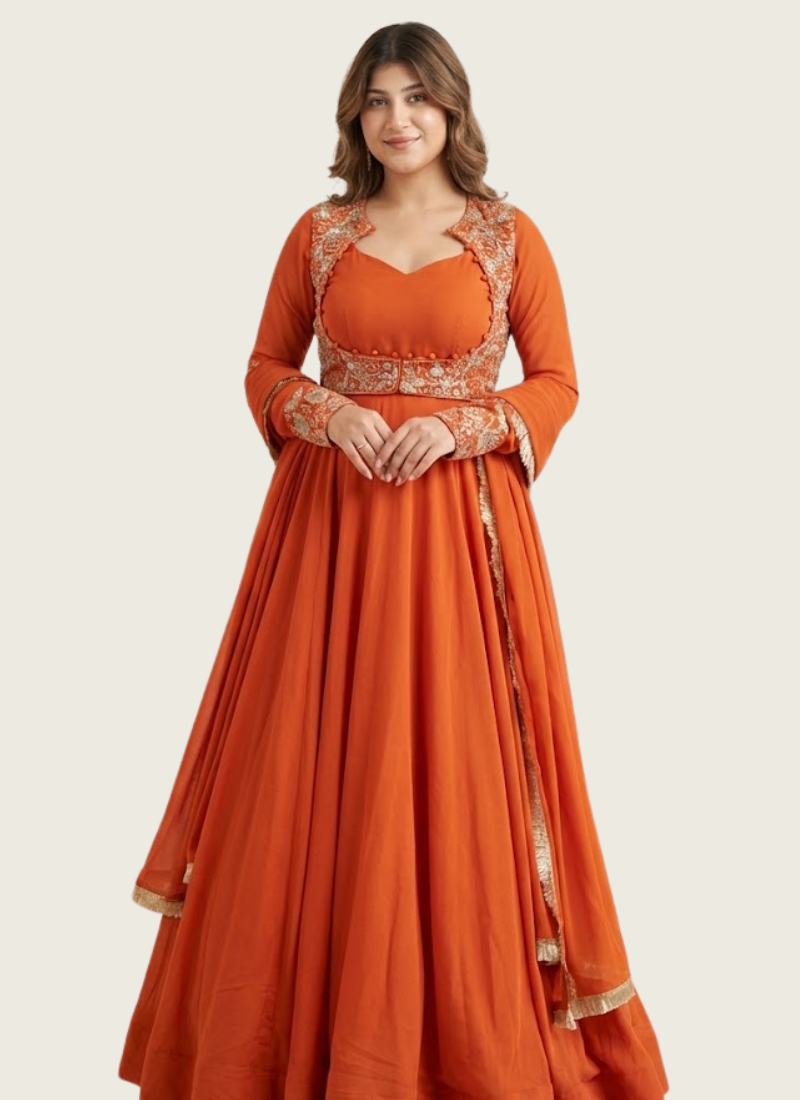 Orange Faux Georgette Anarkali Gown with Embroidery + Pant & Dupatta