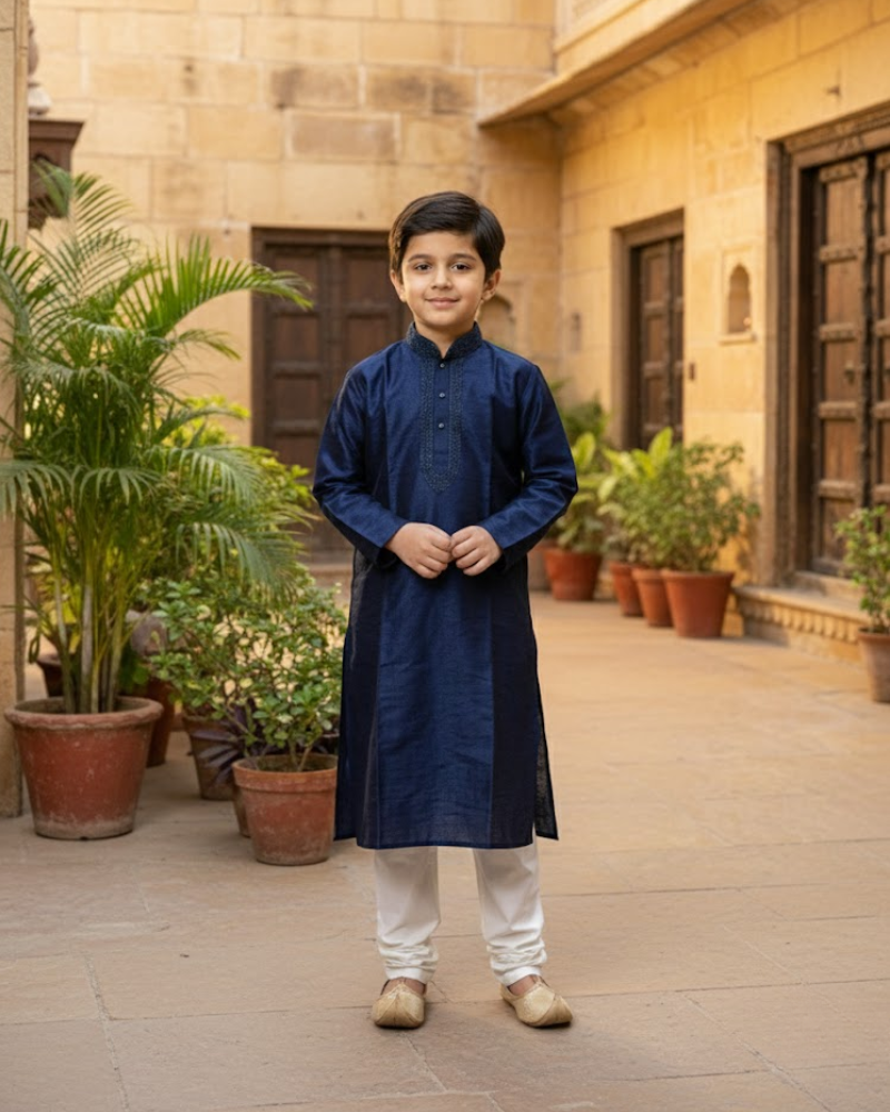 Kids Navy Blue Raw Silk Kurta with White Cotton Pyjama