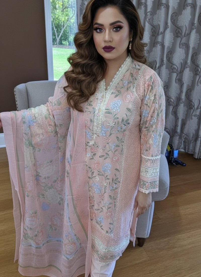 Light Peach Pink Chiffon Salwar Kameez with Embroidery